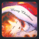 Merry Christmas sleepy kitty Square Sticker<br><div class="desc">Merry Christmas sleepy kitty</div>
