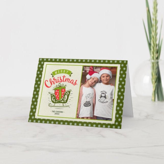 Merry Christmas Sleigh Gift 2 photos Custom Text Holiday Card (Front)
