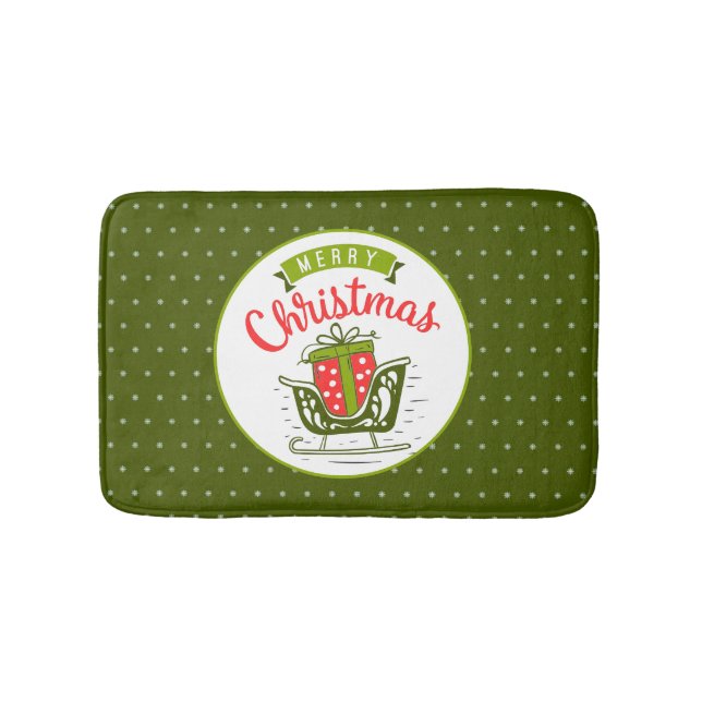 Merry Christmas Sleigh Red Green Snowflake Pattern Bath Mat (Front)