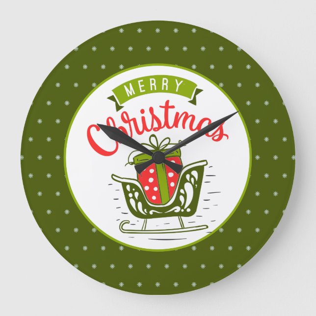 Merry Christmas Sleigh Red Green Snowflake Pattern Large Clock (Front)