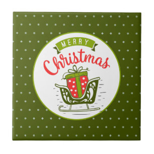Merry Christmas Sleigh Red Green Snowflake Pattern Tile