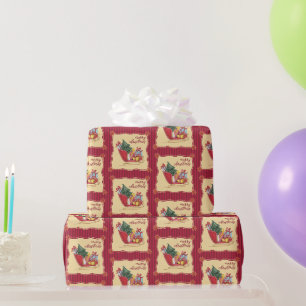 Merry Christmas Sleigh Ride Red Stripes Wrapping Paper