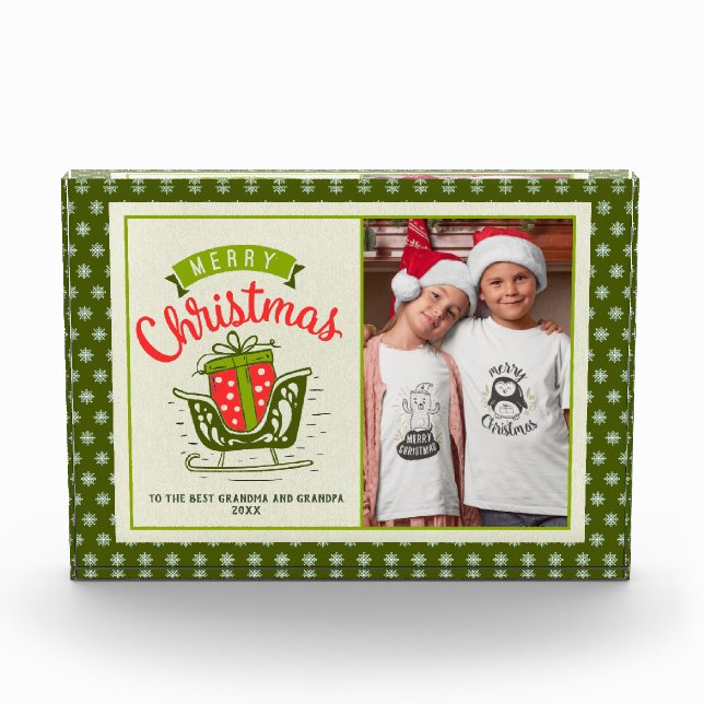 Merry Christmas Sleigh Text Green Snowflake Custom Photo Block (Front)