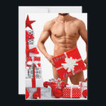 Merry Christmas SlipperyJoe red white silver gift  Holiday Card<br><div class="desc">Merry Christmas SlipperyJoe red white silver gift boxes bows muscular male chest shirtless man holiday ornaments artistic tree festive background six-pack stomach gay pride gifts LGBTQIA bold unique holiday cheer various wrapped presents</div>