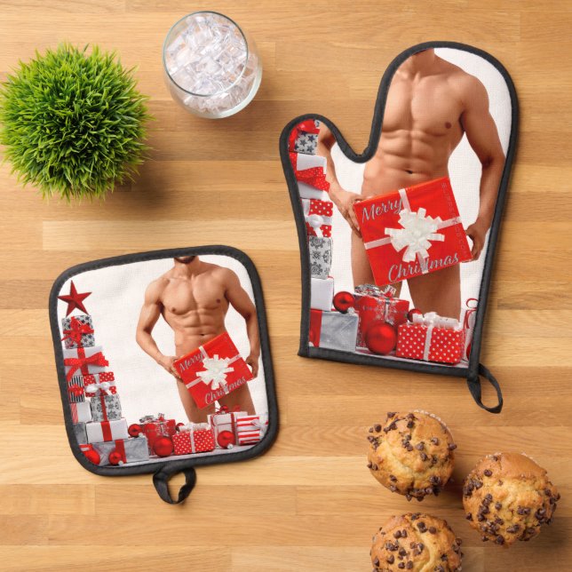 Merry Christmas SlipperyJoe red white silver gift  Oven Mitt & Pot Holder Set (Top Down)
