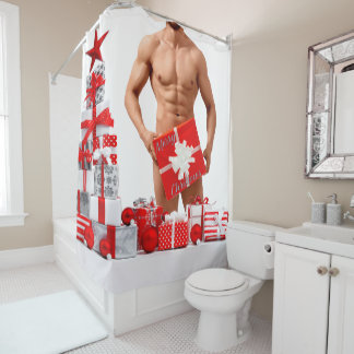 Merry Christmas SlipperyJoe red white silver gift Shower Curtain