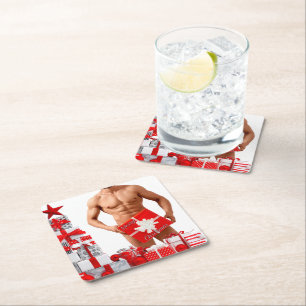 Merry Christmas SlipperyJoe red white silver gift  Square Paper Coaster