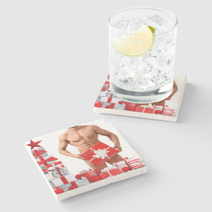 Merry Christmas SlipperyJoe red white silver gift Stone Coaster