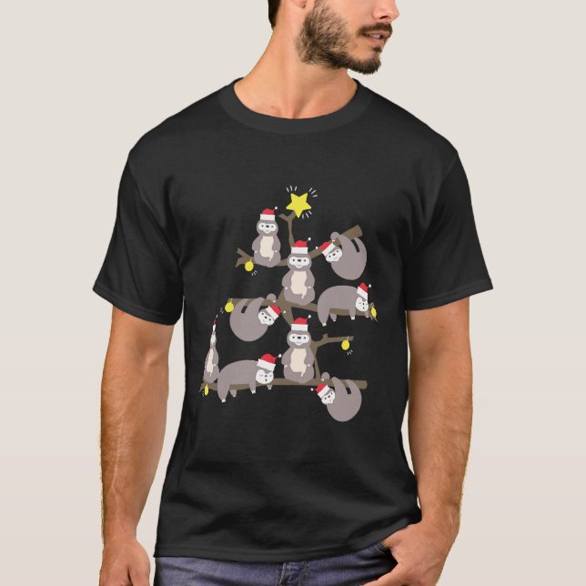 Merry Christmas Sloth Christmas Tree Santa Hat Mer T-Shirt (Front)