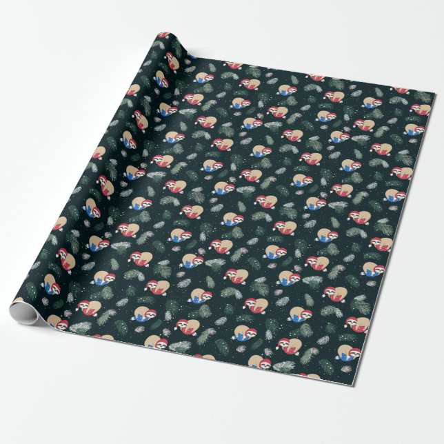 Merry Christmas Sloth Ornament Pattern Wrapping Paper (Unrolled)
