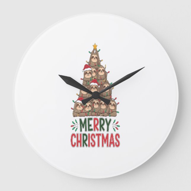 Merry Christmas Sloth Tree Large Clock (Front)