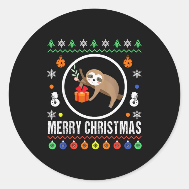 Merry Christmas Sloth Ugly Sweater Xmas Knit Sloth Classic Round Sticker (Front)