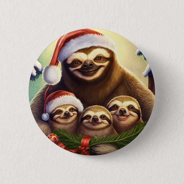 Merry Christmas Sloths 6 Cm Round Badge (Front)