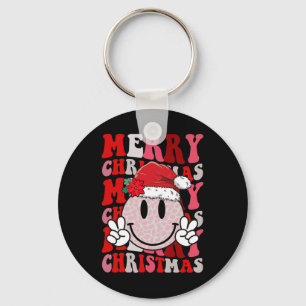 Merry Christmas Smile Face Santa Claus Hat Groovy Key Ring