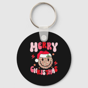 Merry Christmas Smile Face Santa Claus Hat Groovy Key Ring