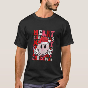 Merry Christmas Smile Face Santa Claus Hat Groovy T-Shirt
