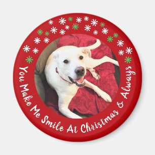 Merry Christmas Smiling Dog Photo Funny Red Circle Magnet