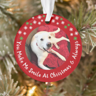 Merry Christmas Smiling Dog Photo Funny Red Circle Ornament