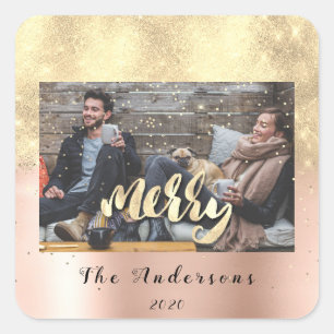 Merry Christmas Snow Confetti Rose Gold Photo Square Sticker