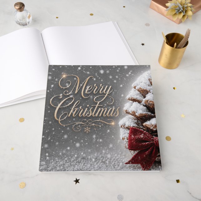 Merry Christmas Snow Covered Pine Cone Guest Book (Front Open)