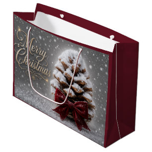 Merry Christmas Snow Covered Pine Cone Large Gift Bag