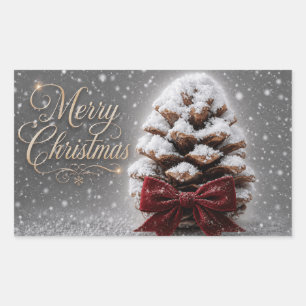 Merry Christmas Snow Covered Pine Cone Rectangular Sticker
