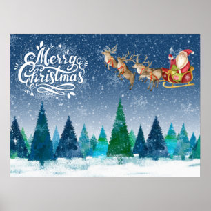 Merry Christmas Snow Forest and Santa in Sleigh Poster