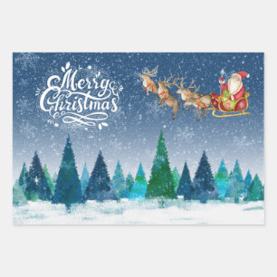 Merry Christmas Snow Forest and Santa in Sleigh Wrapping Paper Sheet