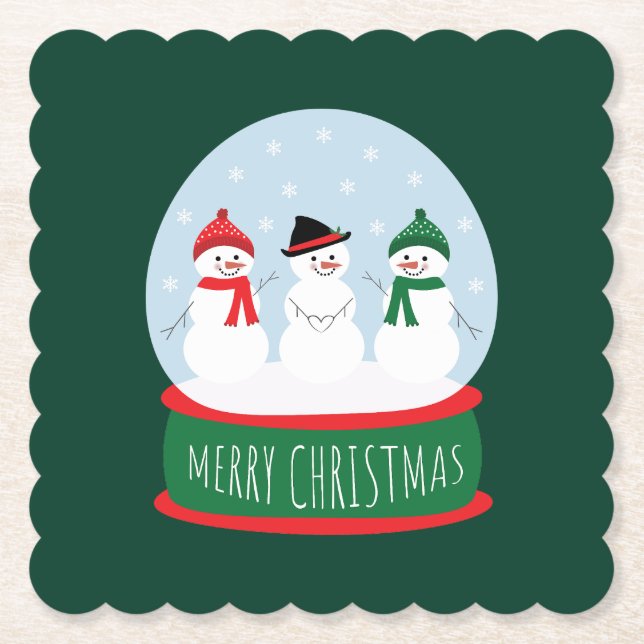 Merry Christmas Snow Globe Snowmen Paper Coaster (Front)