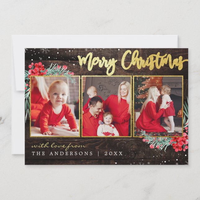 Merry Christmas Snow Gold on Wood 3 Photo Collage Holiday Card (Front)