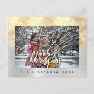 Merry Christmas Snow Grey Gold Aqua Photo Glitter Postcard