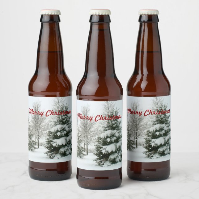 Merry Christmas, snow-laden fir trees Beer Bottle Label (Bottles)