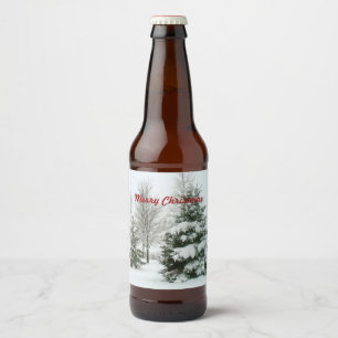 Merry Christmas, snow-laden fir trees Beer Bottle Label