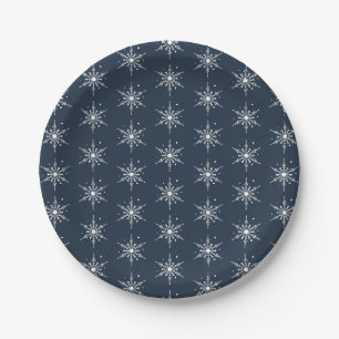 Merry Christmas Snow Modern Holiday Dark Blue Paper Plate
