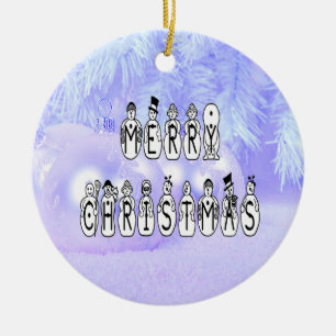 Merry Christmas Snow People Font, Blue Tint Snow Ceramic Tree Decoration