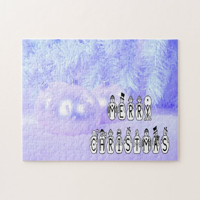 Merry Christmas Snow People Font, Blue Tint Snow Jigsaw Puzzle (Horizontal)