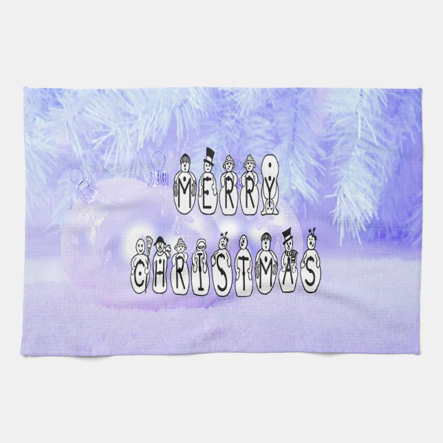 Merry Christmas Snow People Font, Blue Tint Snow Tea Towel (Horizontal)