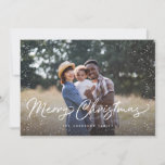 Merry Christmas Snow Photo Holiday Card<br><div class="desc">Celebrate the holidays with this chic Christmas photo card featuring modern script and snowfall.</div>