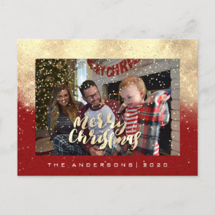 Merry Christmas Snow Red Gold Photo Glitter Spark Postcard