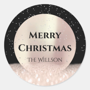 Merry Christmas Snow Rose Glitter Black Confetti Classic Round Sticker