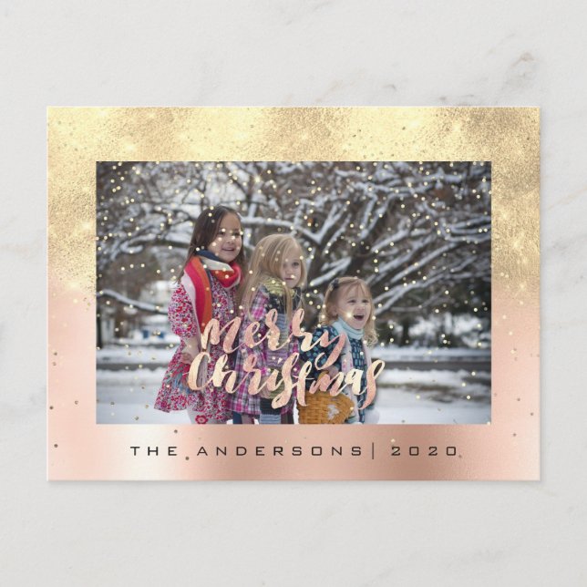 Merry Christmas Snow Rose Gold Photo Glitter Spark Postcard (Front)