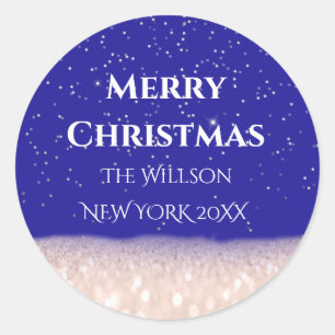 Merry Christmas Snow Rose Royal Blue Confetti Classic Round Sticker