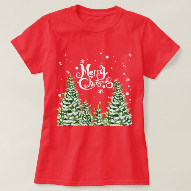Merry Christmas Snow Trees Christmas T-Shirt (Design Front)