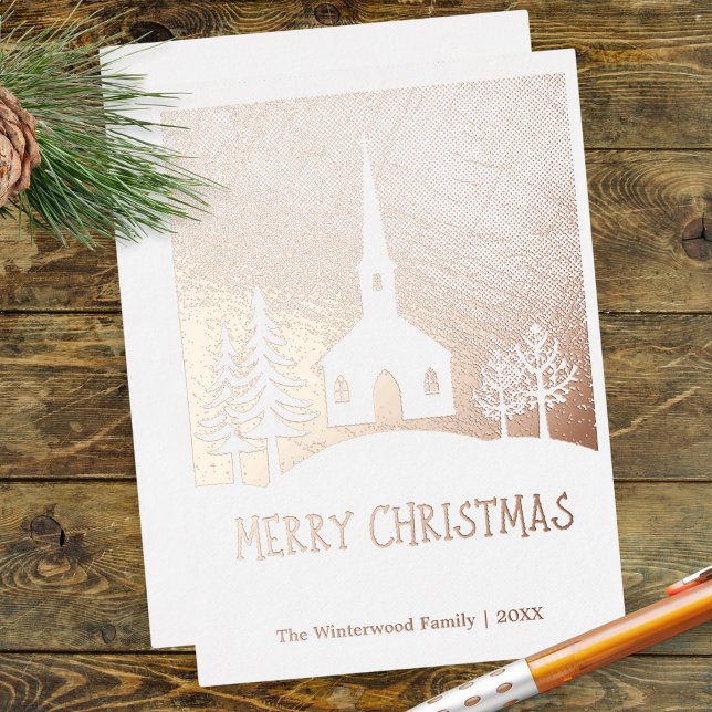 Merry Christmas Snow Winter Church Personalised (A Christmas card with church, trees and snow, and elegant shiny foil in gold, silver or rose gold)