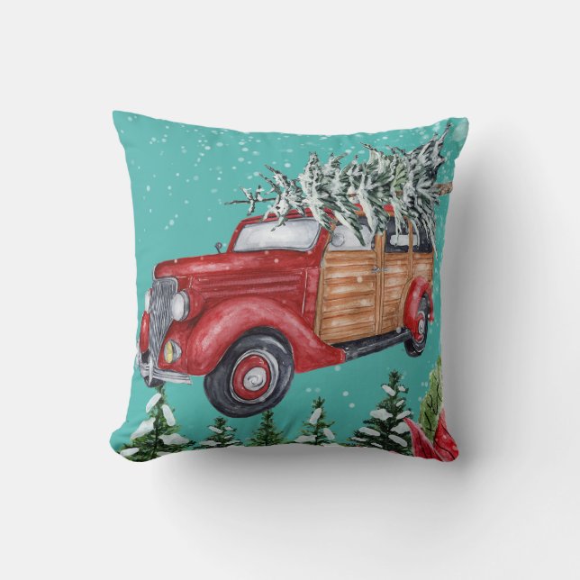 Merry Christmas Snowfall Tree on Van Throw Pillow (Front)