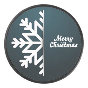 Merry Christmas Snowflake Blue Hockey Puck