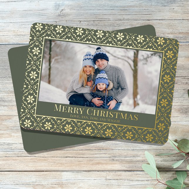 Merry Christmas Snowflake Elegant Green 1 Photo  (Merry Christmas holiday photo card template with real gold foil. )
