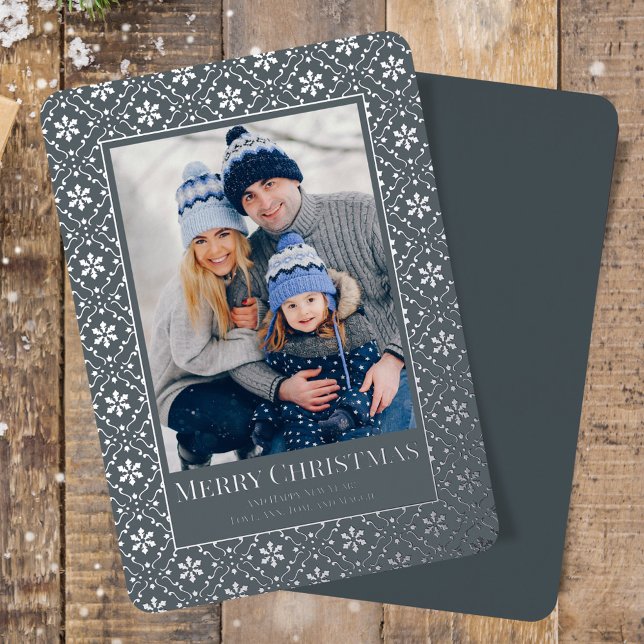 Merry Christmas Snowflake Elegant Silver 1 Photo (Merry Christmas holiday photo card template with real gold foil. )