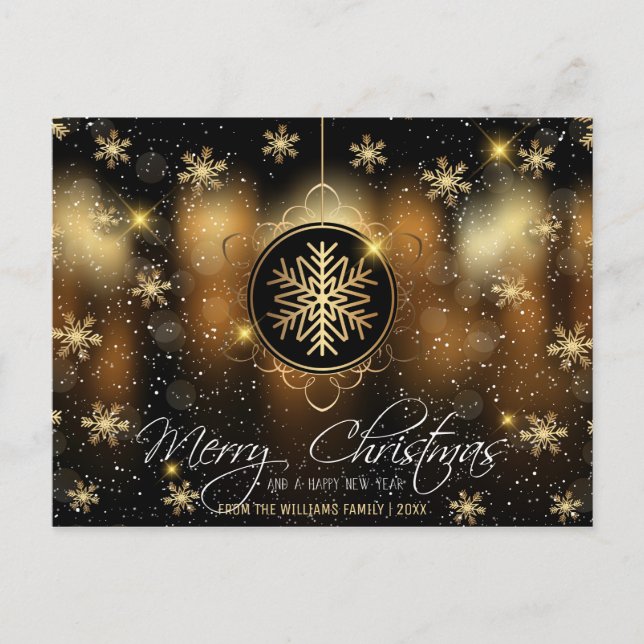 Merry Christmas Snowflake Gold Black Family Photo Holiday Postcard (Front)