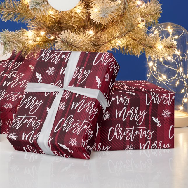 Merry Christmas snowflake mistletoe red plaid Wrapping Paper (Holidays)